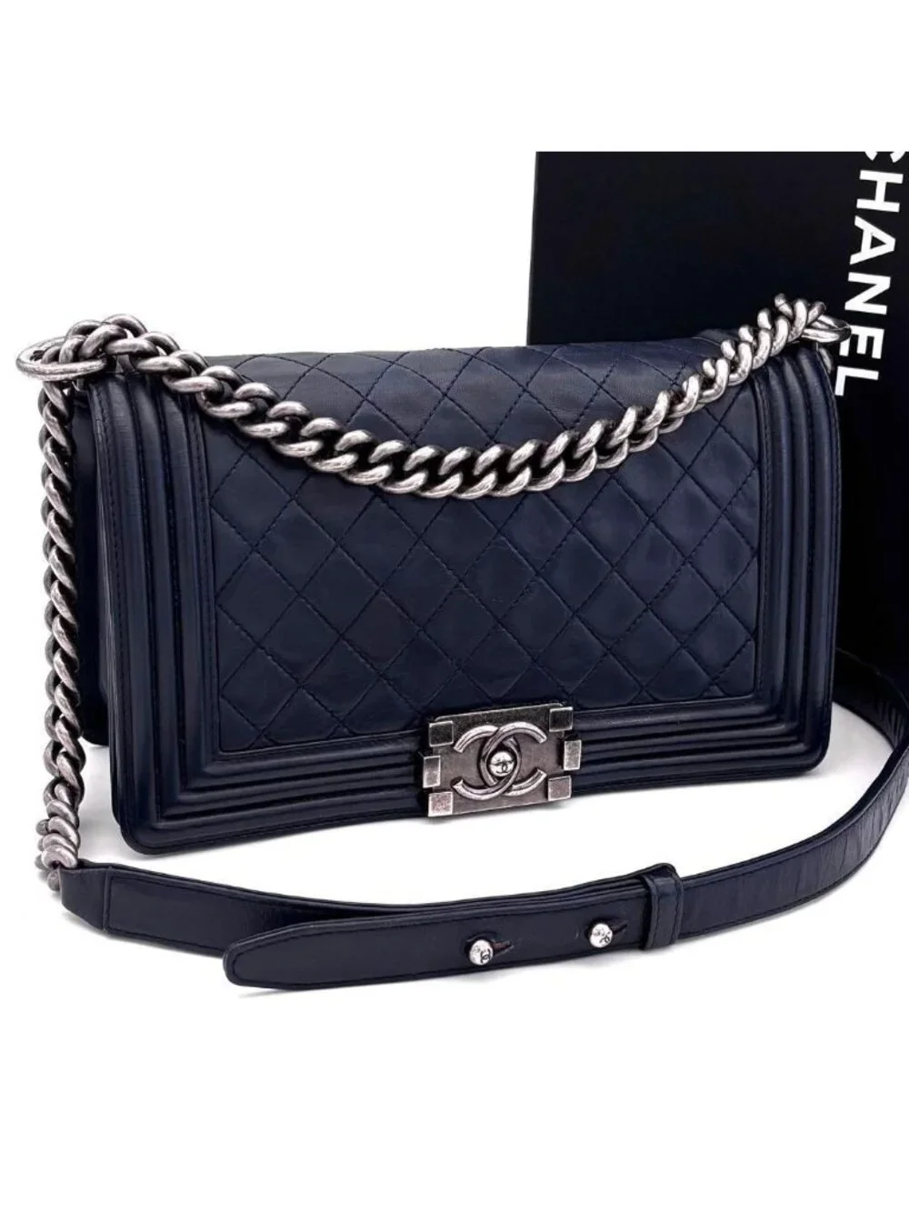 Chanel Boy Quilted Chain Shoulder Bag Navy Lambskin